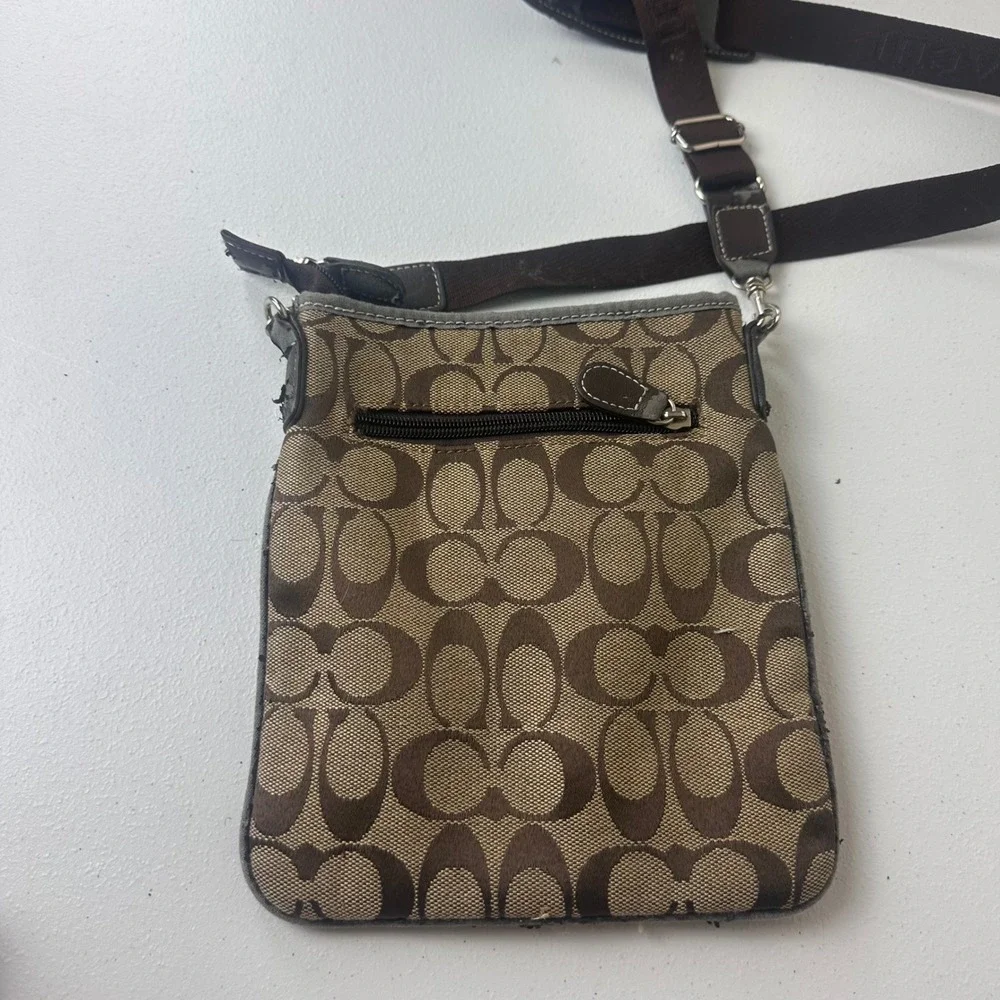 Coach Crossbody Bag Brown Signature Monogram Zip Canvas Outdoor